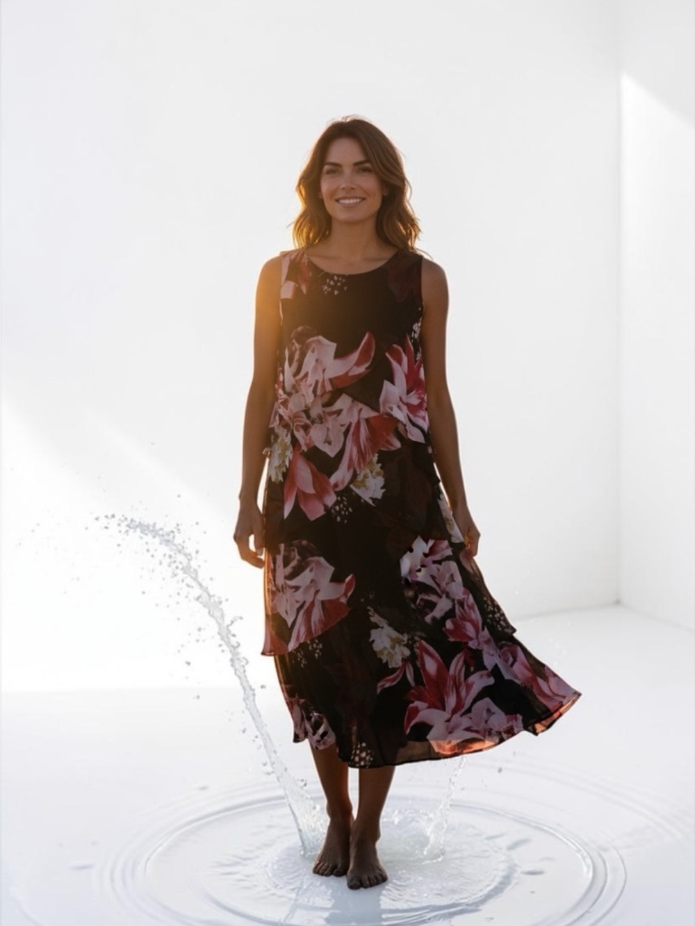 Sleeveless Black Floral Midi Dress with Layered Ruffles - Pink & White Floral